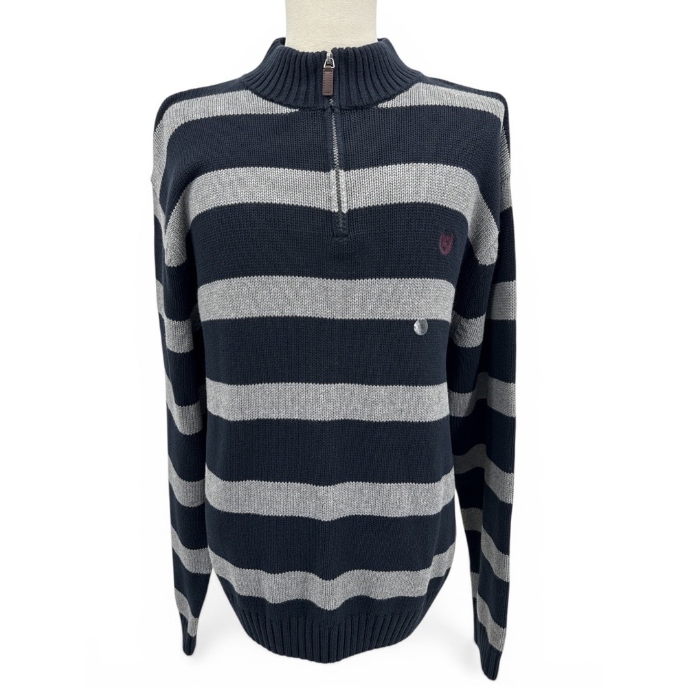 Chaps Mens Sz XXL Quarter Zip Sweater Navy Gray Stripe 100% Cotton‎ Pullover NWT